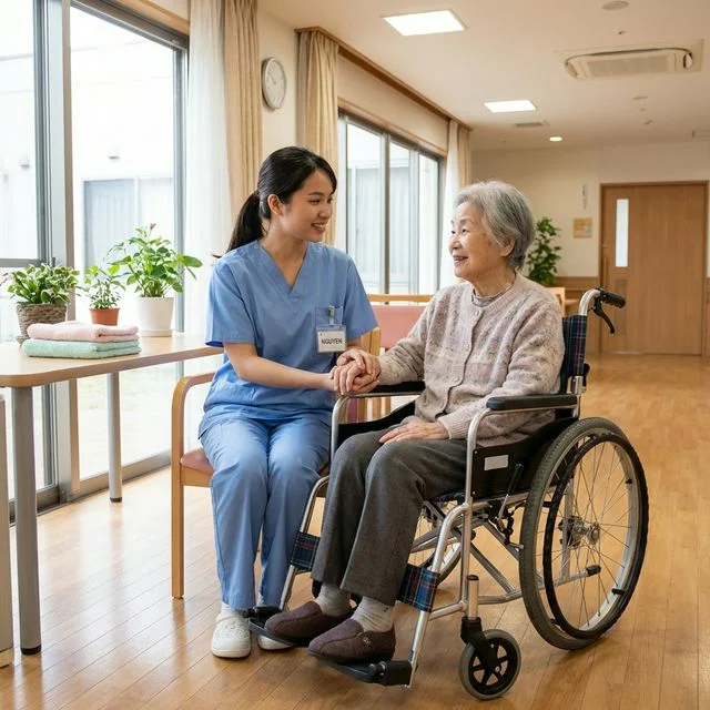 介護施設で笑顔で働く外国人スタッフ